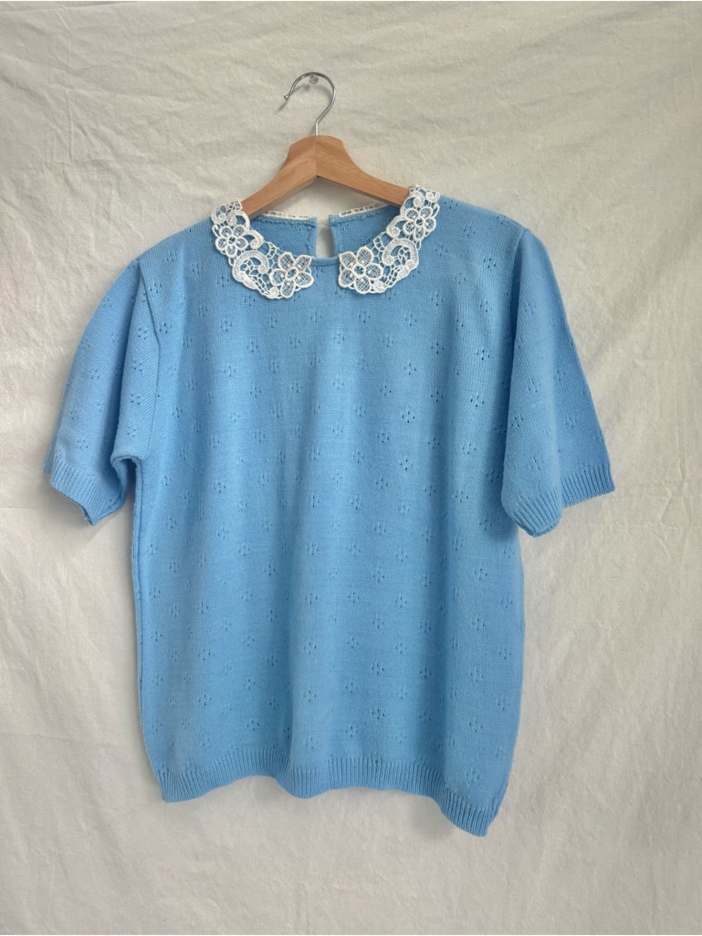 Light Blue Knit Top with Lace Peter Pan Collar